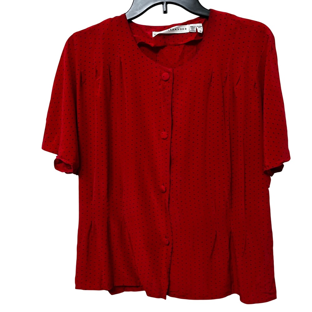 Paul Alexander Red Black Polka Dot‎ Silk Button Up Blouse Top Size 10